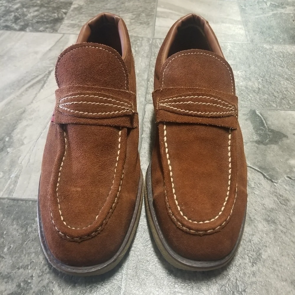 Vintage 70s Iron Age Steel Toe Brown Suede Leather‎ Moccasin Loafers Men's 11